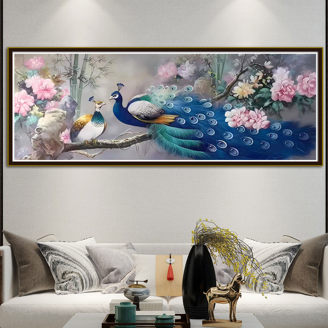 牡丹花孔雀十字绣2024新中式线绣客厅山水画风景手工自己绣