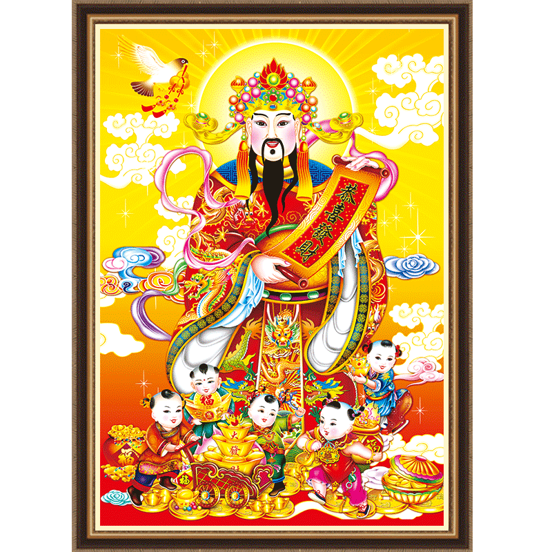 财神爷十字绣新款2024客厅全线绣刺绣玄关竖版大幅棉线丝线简单绣