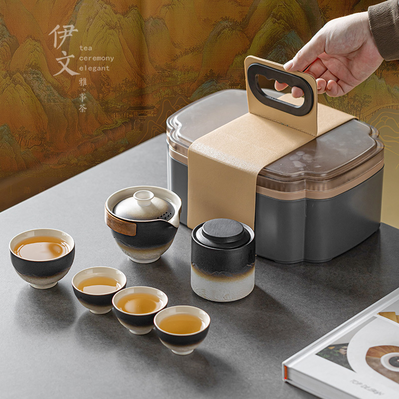 伊文陶瓷山海行车载快客杯可携式旅行茶具套组手抓泡茶壶定制送礼