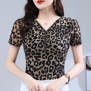 修身 V领钉珠洋气网纱T恤女夏装 纱衣小衫 短袖 显瘦女上衣潮 新款