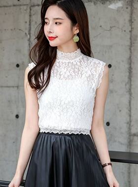 百搭白色蕾丝假领背心女半高领无袖打底衫洋气网纱内搭叠穿假衣领