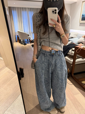腰果花纹肌理感提花 立体剪裁高腰显瘦百搭阔腿牛仔裤女2025新款