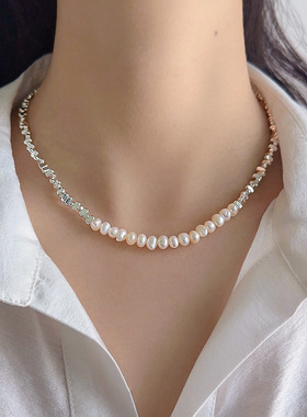 高级感碎银子拼接淡水珍珠项链女