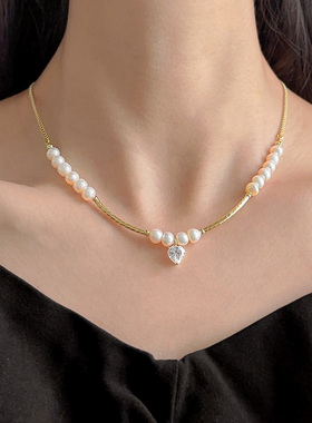 欧比锆石淡水珍珠金属项链