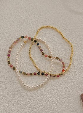 小众设计彩色三串叠戴珍珠手链女