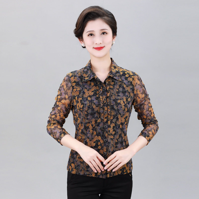 台湾网纱长袖衬衫弹力春夏装上衣中老年女装50岁妈妈大码开衫气质