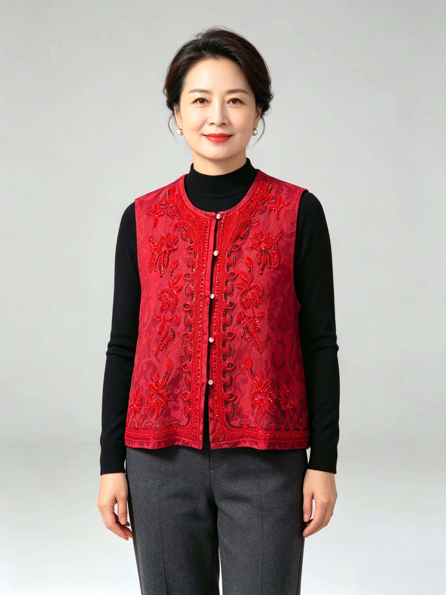 中老年妈妈大红钉珠亮片婚宴马甲