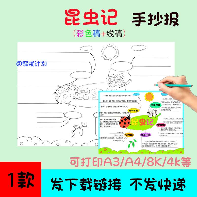 暑假阅读昆虫记手抄报电子稿模板A3/A4/8K好书推荐线稿1