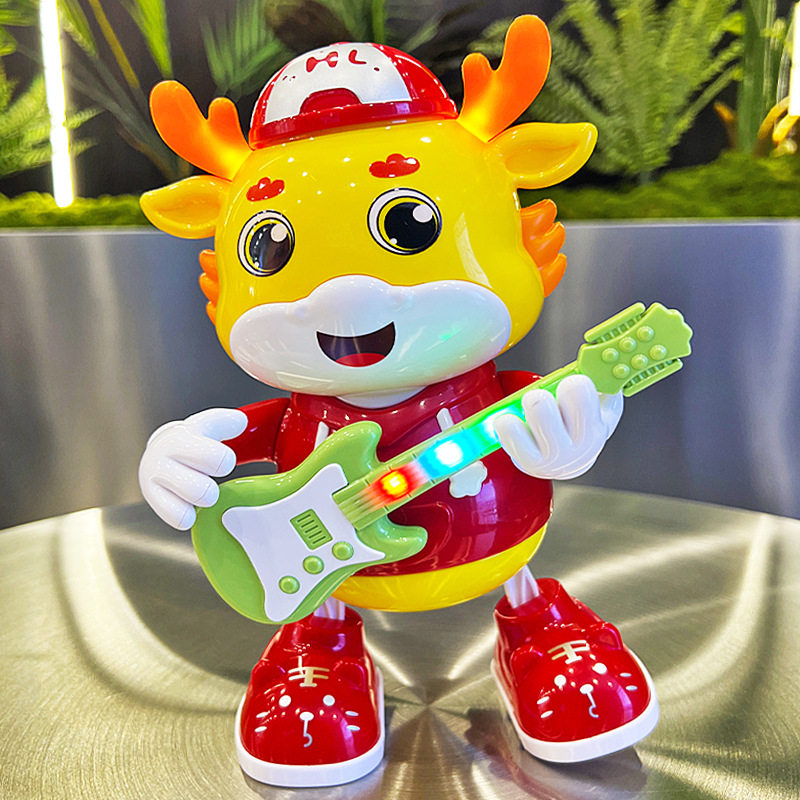 电动吉他手摇滚小萌龙趣味跳舞灯光音乐儿童公仔玩具礼物地摊