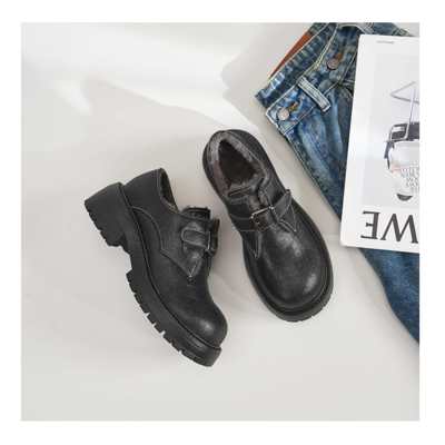 增高粗跟圆头加绒英伦风小皮鞋