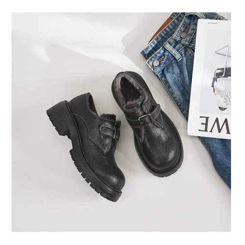 增高粗跟圆头加绒英伦风小皮鞋