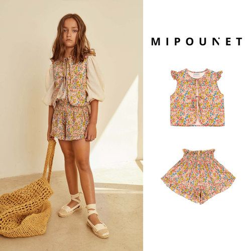 复古时髦洋气花边系带背心短裤子