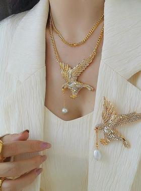 复刻中古小香风老鹰满钻珍珠项链