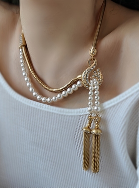 复刻中古轻奢双层珍珠流苏项链