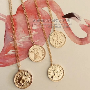 windsor设计师小众品牌12星座渡金项链ins超火金币复古双面浮雕链