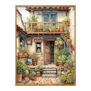 绿植盆栽 数字油画diy小院风景解闷简单手工涂鸦画填色摆件装饰画
