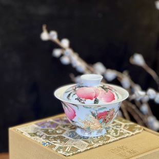 【钟新春】粉彩 三多盖碗 多子 多福 多寿 五桃三榴一佛手