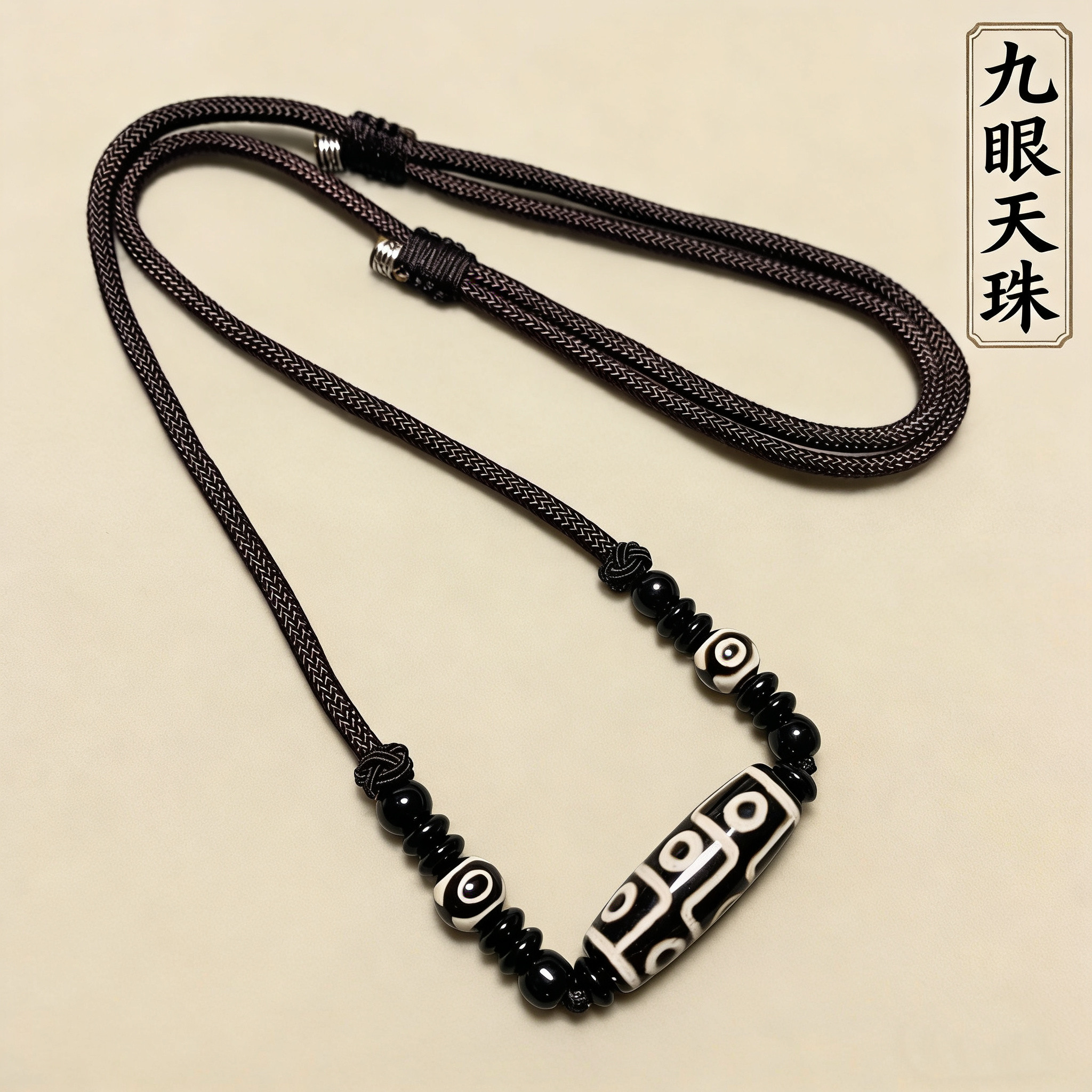藏式黑白约30毫米九眼天珠项链吊坠锁骨链男女款手工编织民族风