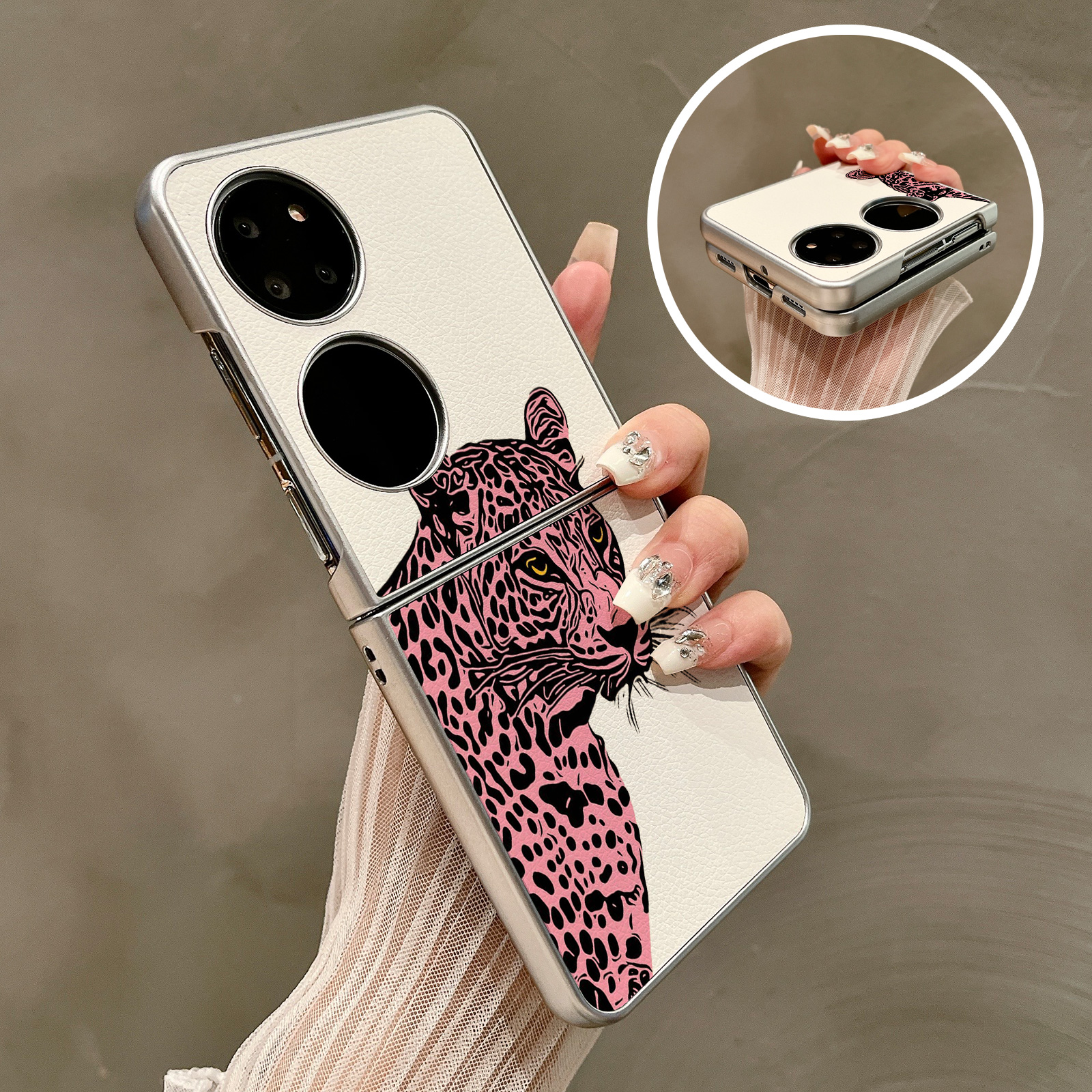 热瓜适用华为P50pocket手机壳Pocket2折叠屏保护套银色粉色个性豹子潮流油边新款pockets创意高档视窗全包套