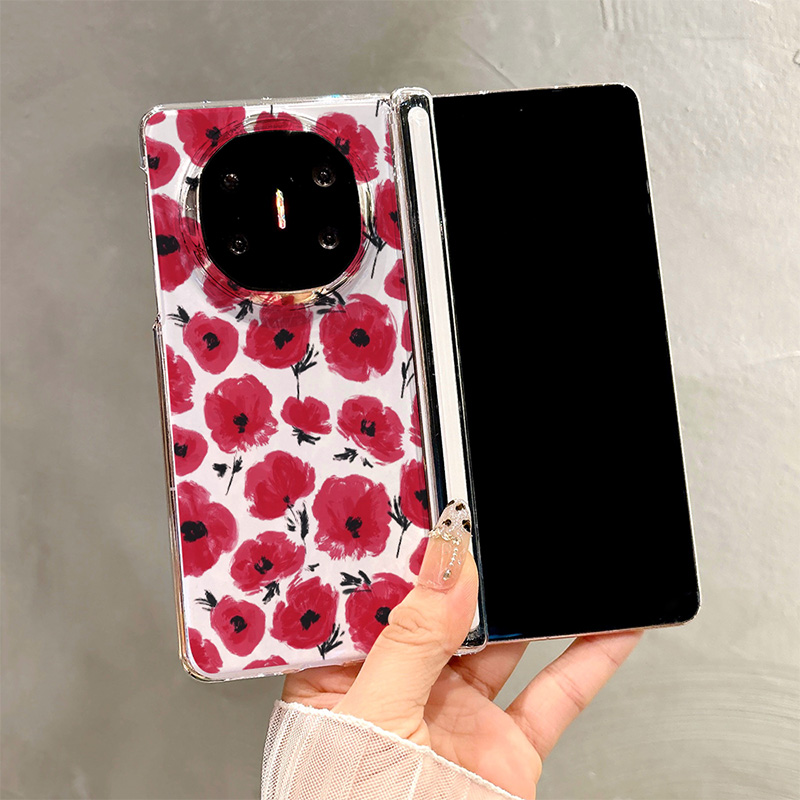 热瓜适用华为MateX7/X6/X5/X3手机壳新款中轴磁吸折叠壳保护套高档UV透明壳全包潮防摔套高级感红色满屏花朵