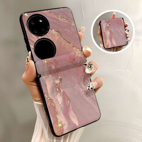 热瓜适用于华为Pocket2/P50pockets手机壳新款高档磁吸中轴皮纹折叠保护套全包高级感防摔套时尚粉金大理石纹