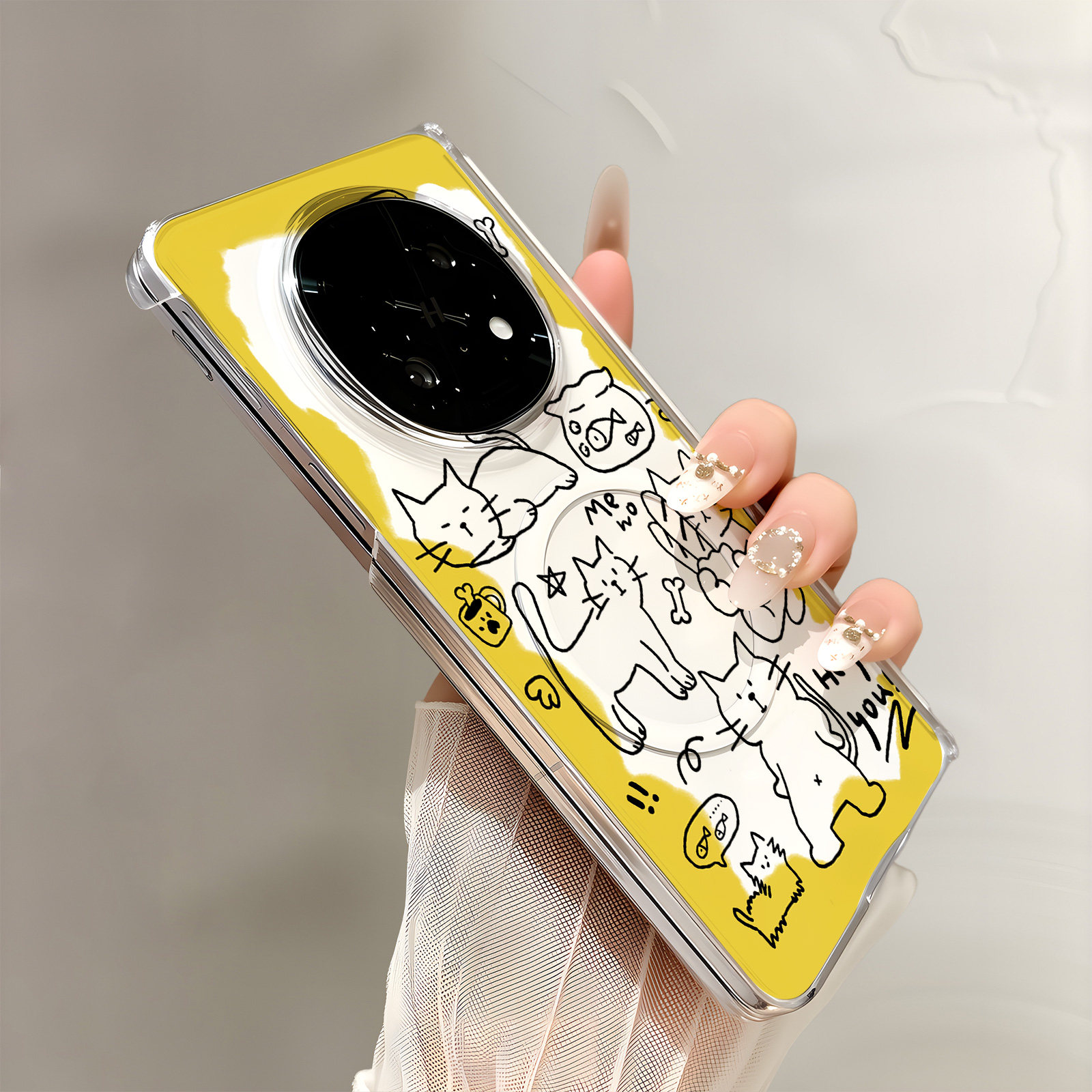 热瓜适用于OPPOFindN6/N5/N3手机壳折叠屏保护套新款双中轴背面无线磁吸UV透明壳高档全包防摔套线条小猫黄边