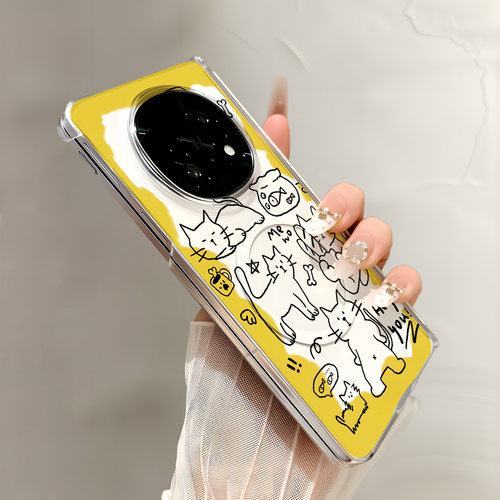 热瓜适用于OPPOFindN6/N5/N3手机壳折叠屏保护套新款双中轴背面无线磁吸UV透明壳高档全包防摔套线条小猫黄边