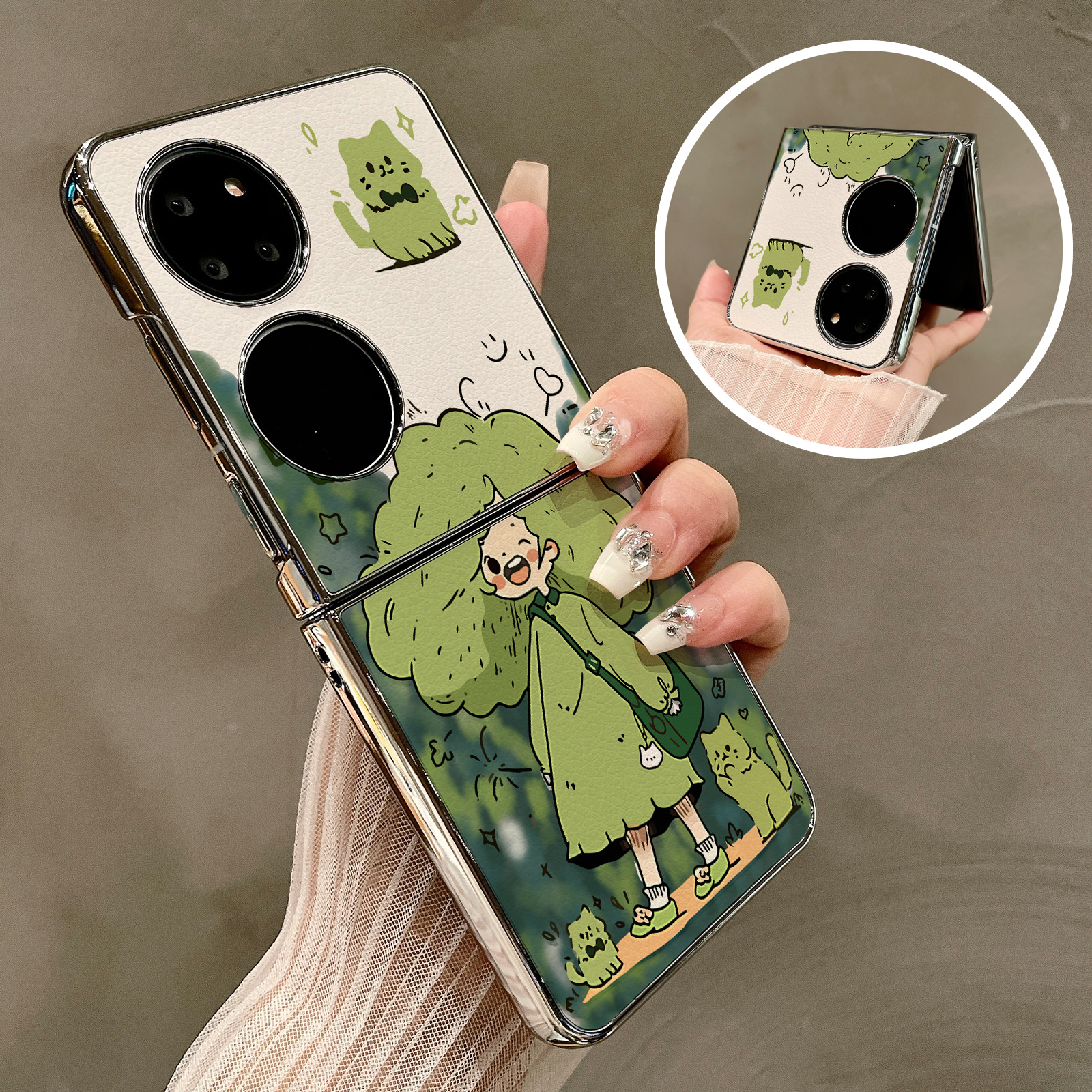 热瓜适用华为P50pocket手机壳Pocket2折叠屏保护套电镀可爱绿色斜挎包女孩银边pocket2高档翻盖视窗全包潮套