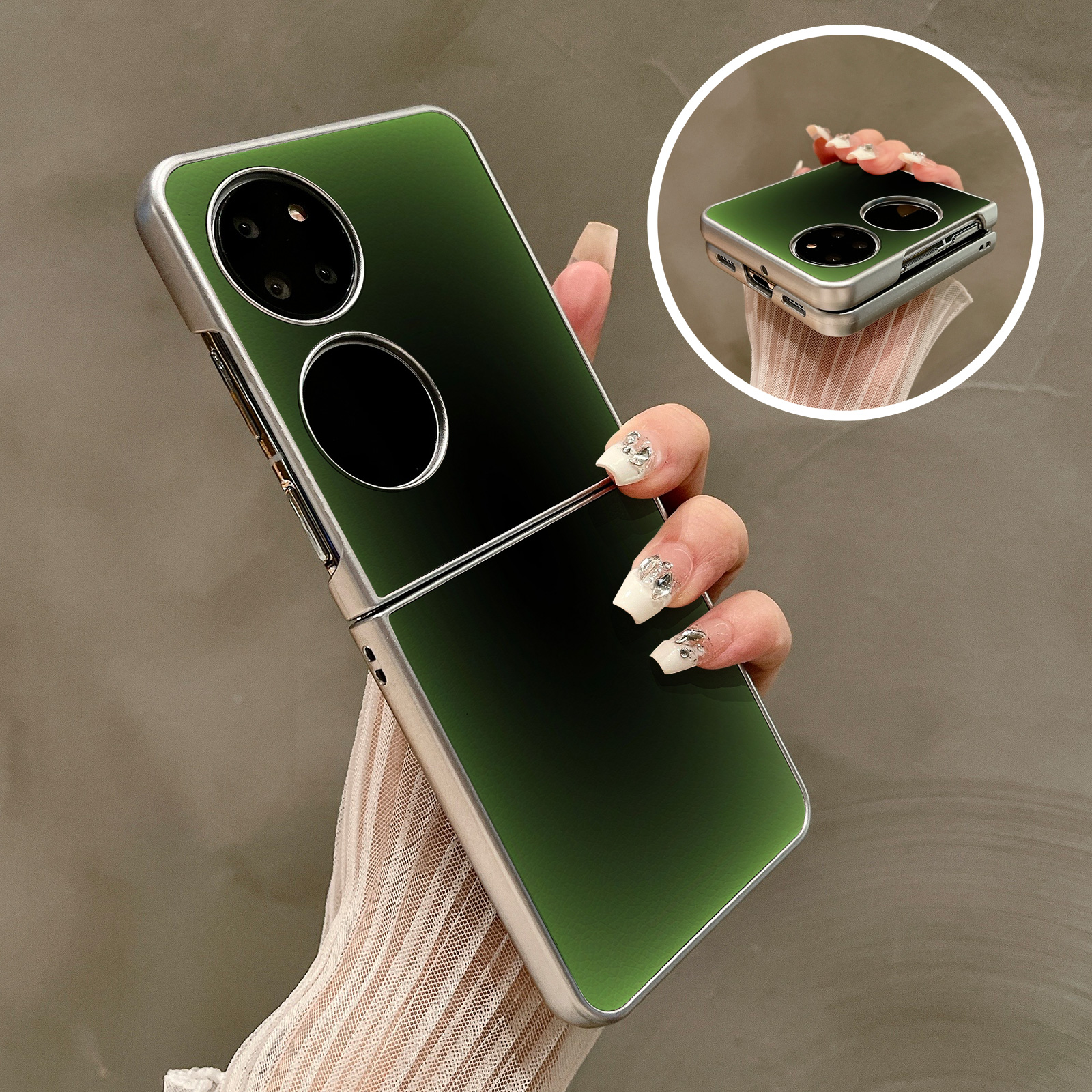 热瓜适用华为P50pocket手机壳Pocket2折叠屏保护套银色简约黑绿渐变油边新款pockets创意高档翻盖视窗全包套