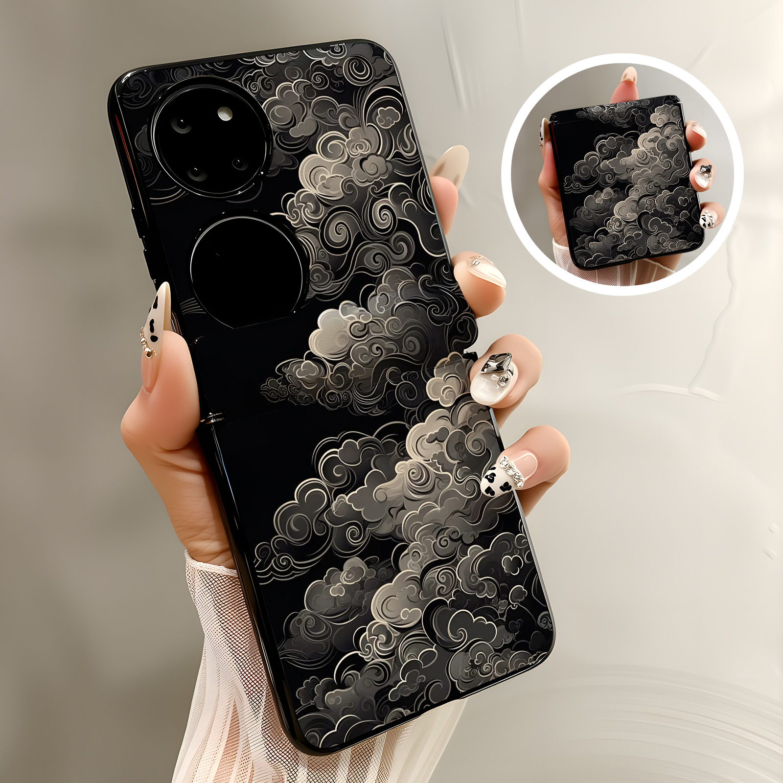 热瓜适用于华为Pocket2/P50pockets手机壳新款高档磁吸中轴皮纹折叠保护套全包潮防摔套时尚质感黑底祥云图腾