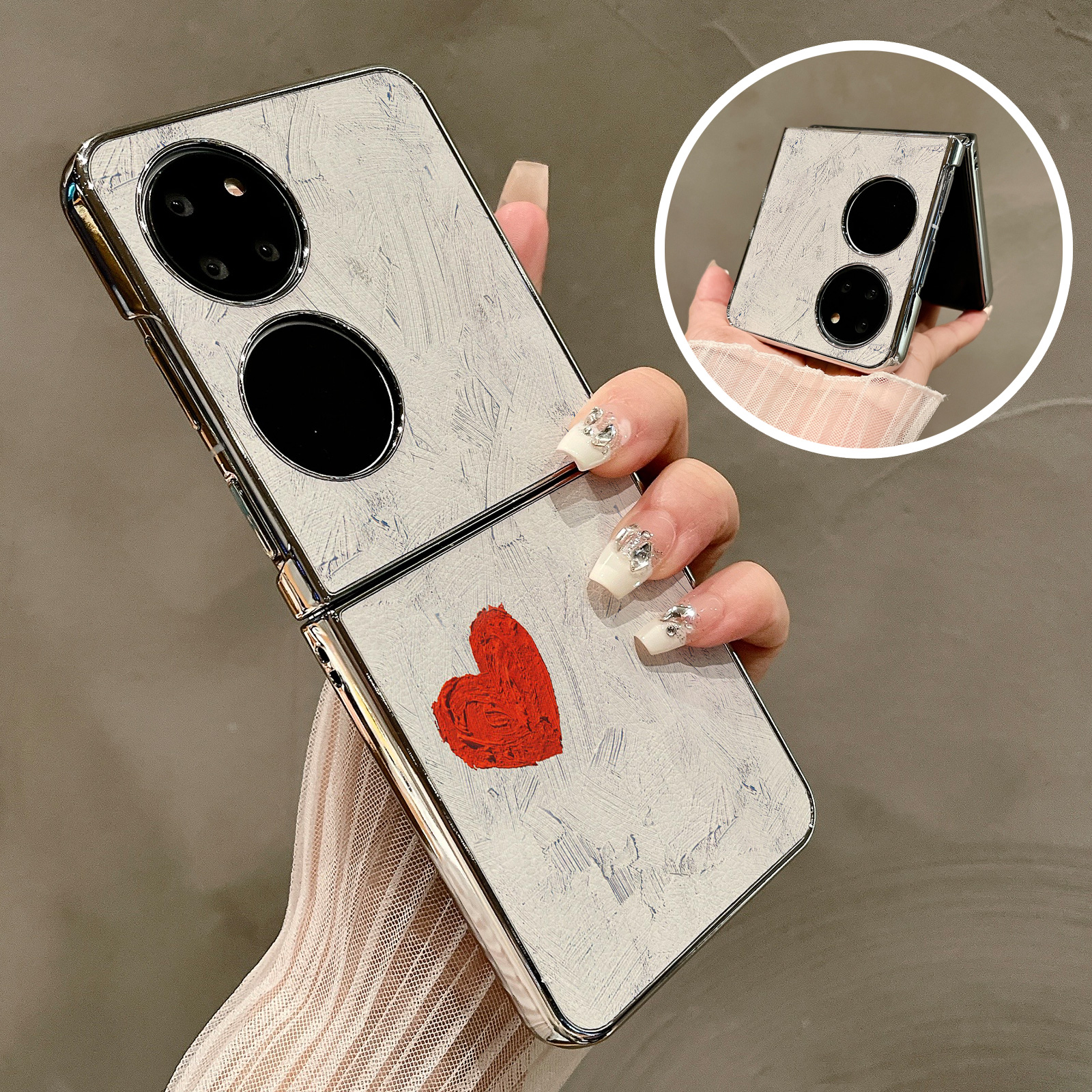 热瓜适用华为P50pocket手机壳Pocket2折叠屏保护套涂鸦白色墙漆爱心电镀银边新款pockets创意高档视窗全包套