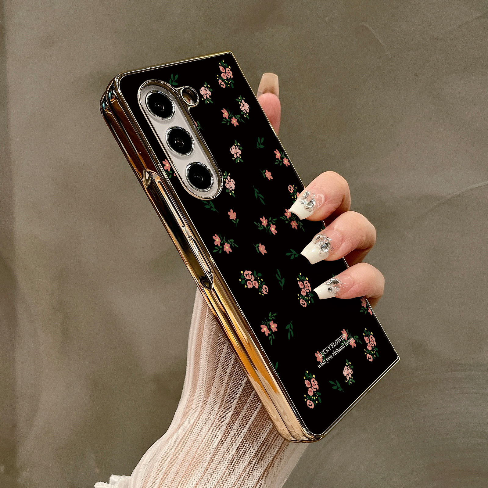 热瓜适用于VIVOXFold5/xfold3pro/xfold2手机壳折叠屏保护套新款高档气质电镀金边全包潮防摔套黑底粉色碎花