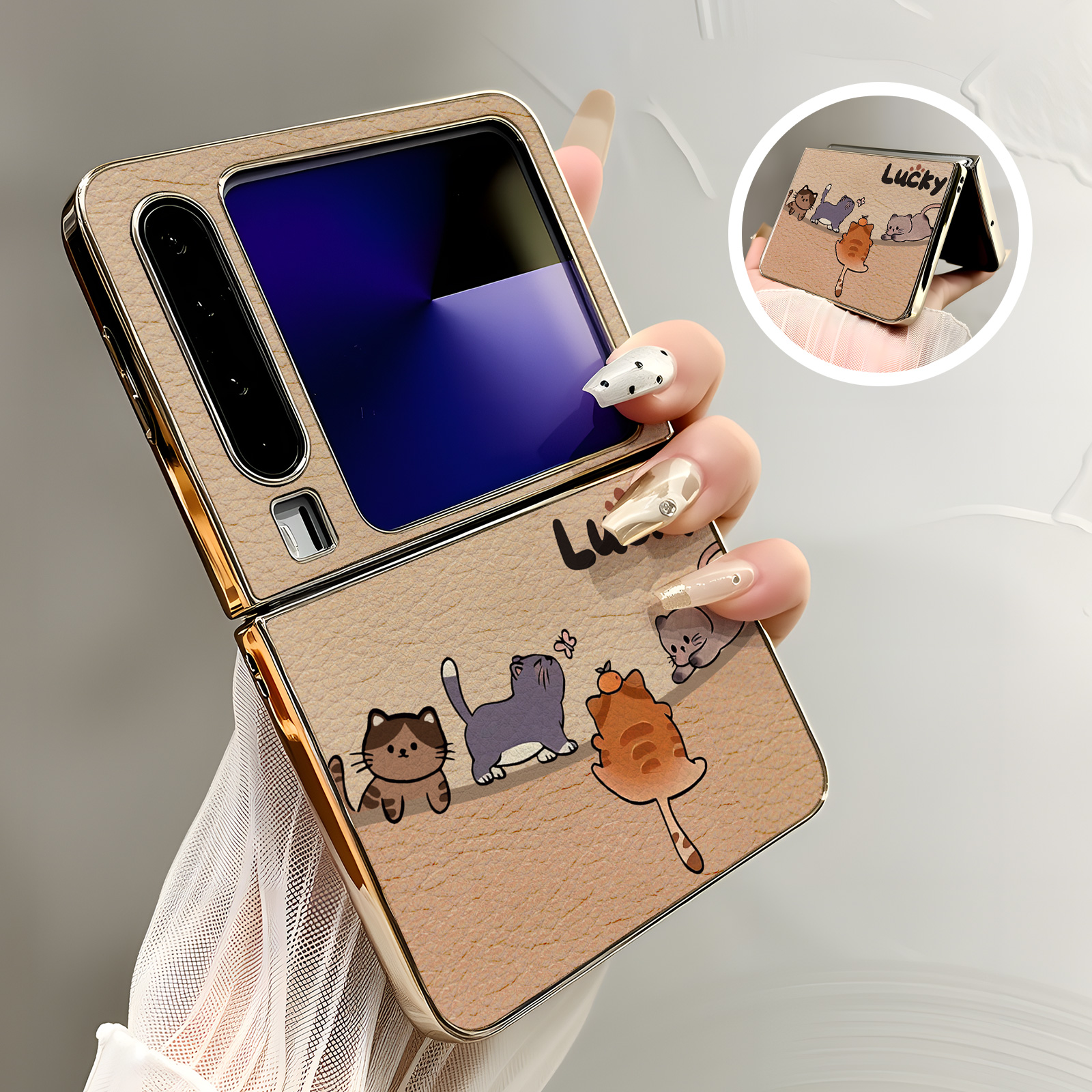 热瓜适用于华为PuraX手机壳新款高档电镀皮纹折叠屏保护套典藏版气质轻奢时尚全包防摔套Luck幸运可爱小猫咪