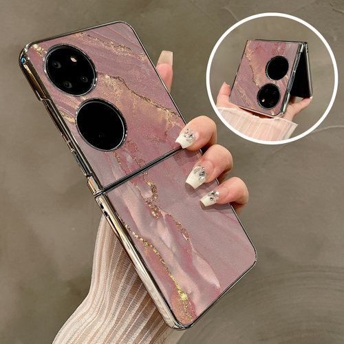 热瓜适用华为P50pocket手机壳Pocket2折叠屏保护套粉色金箔大理石电镀银边新款pockets创意高档视窗全包潮套