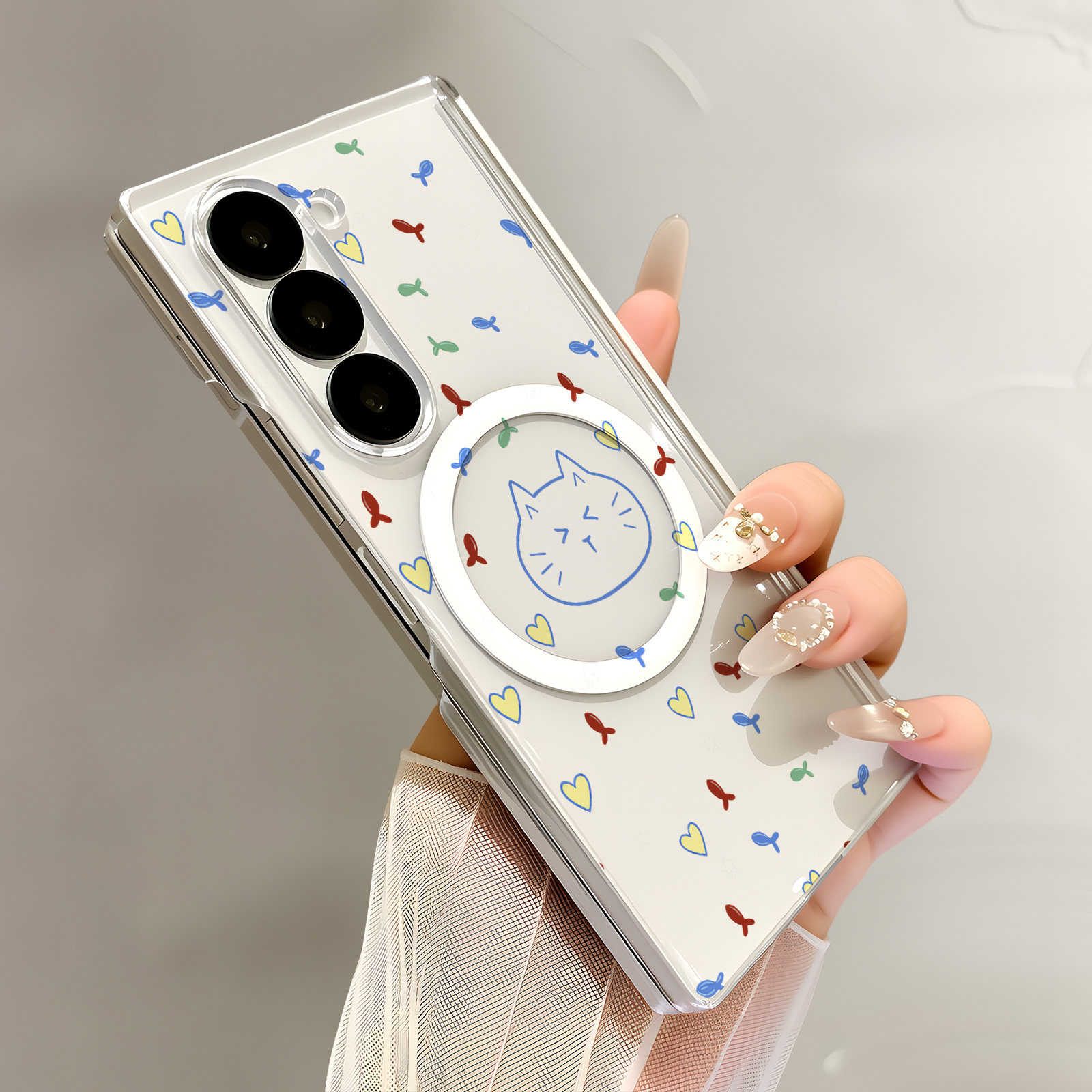 热瓜适用于三星ZFold8Ultra/7/6/5/4手机壳折叠保护套新款双中轴背面无线磁吸UV透明壳全包防摔线条小鱼猫咪