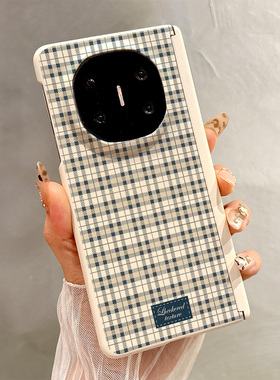 热瓜适用华为MateX7/X6/X5/X3手机壳中轴磁吸折叠保护套高档肤感新款奢华高级全包防摔套浅蓝色撞色格子纹理