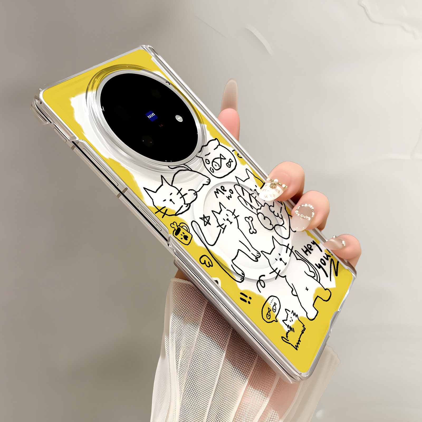 热瓜适用于VIVOXFold6/5/3pro手机壳折叠保护套新款双中轴背面无线磁吸UV透明壳高档全包防摔套线条小猫黄边