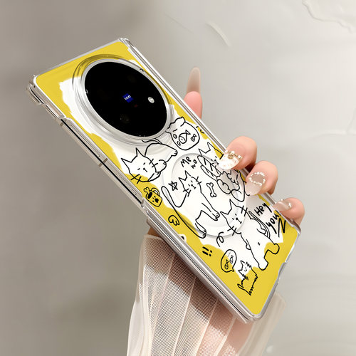 热瓜适用于VIVOXFold6/5/3pro手机壳折叠保护套新款双中轴背面无线磁吸UV透明壳高档全包防摔套线条小猫黄边