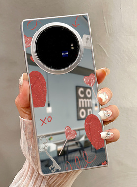 热瓜适用VIVOXFold5手机壳折叠屏保护套银色个性红色爱心个性镜面新款时尚xfold3pro高级感高档翻盖全包潮套