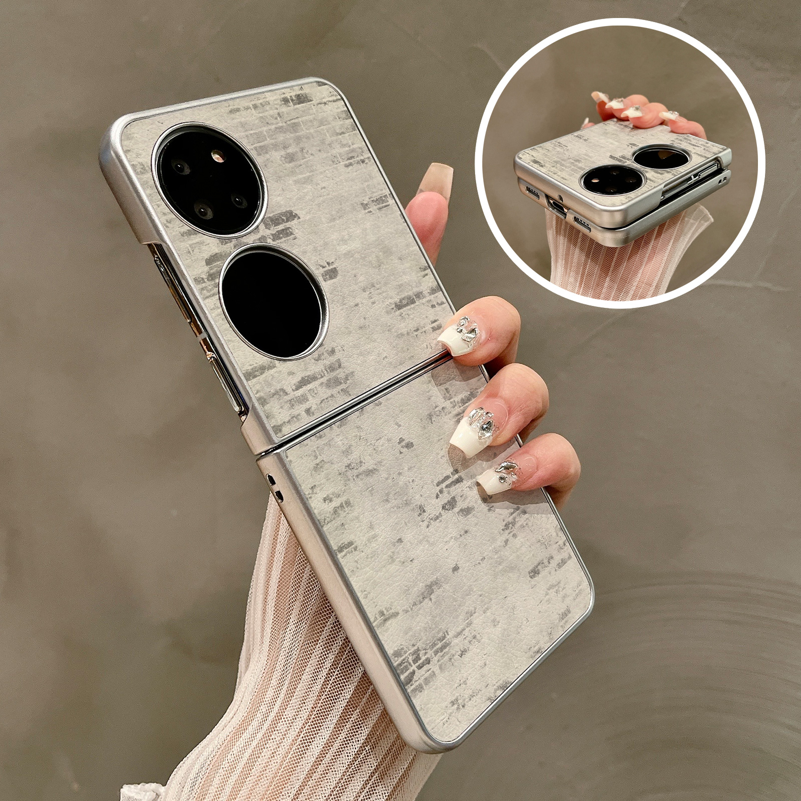热瓜适用华为P50pocket手机壳Pocket2折叠屏保护套银色朦胧灰色砖头油边新款pockets创意高档翻盖视窗全包套