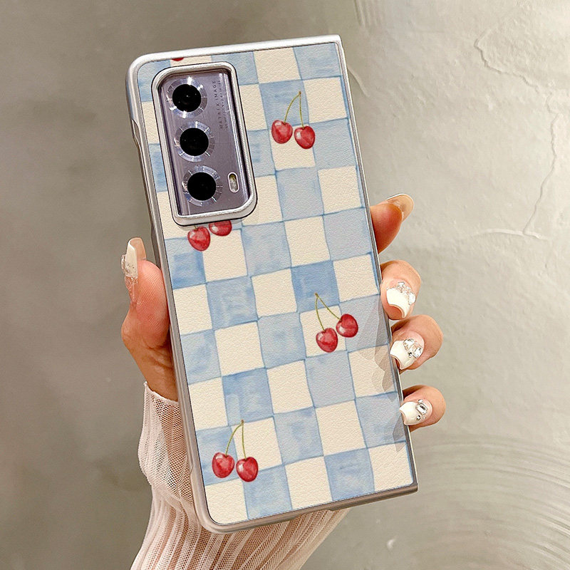 热瓜适用于荣耀MagicV5/V3/VS3/V2RSR/VS2手机壳折叠屏保护套新款高档气质银色油边全包防摔套浅蓝色格纹樱桃