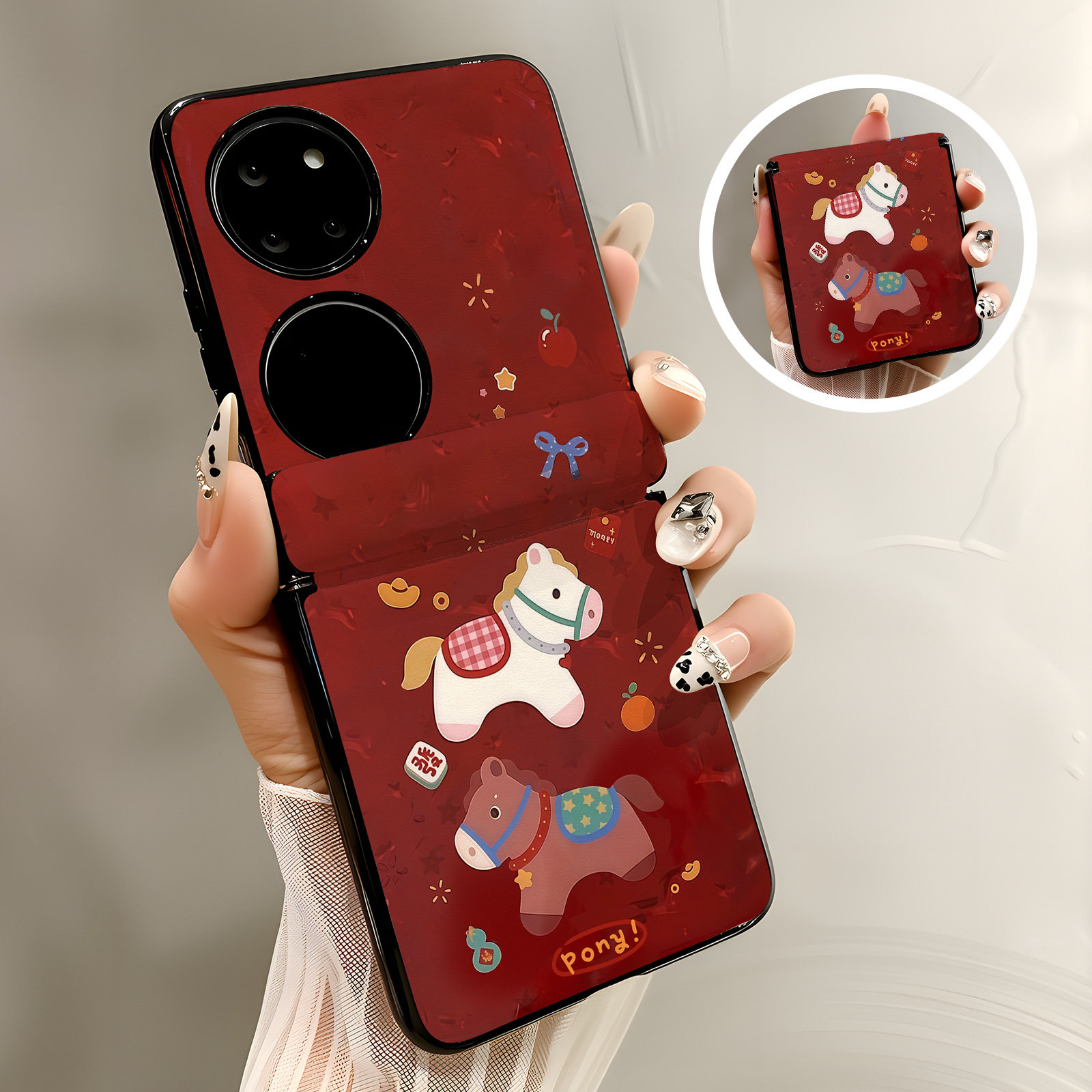 热瓜适用于华为Pocket2/P50pockets手机壳新款高档磁吸中轴皮纹折叠保护套全包高级感防摔套时尚红色卡通小马,3C数码配件,手机保护套/壳,淘宝优惠券,粉丝福利购,淘宝优惠卷