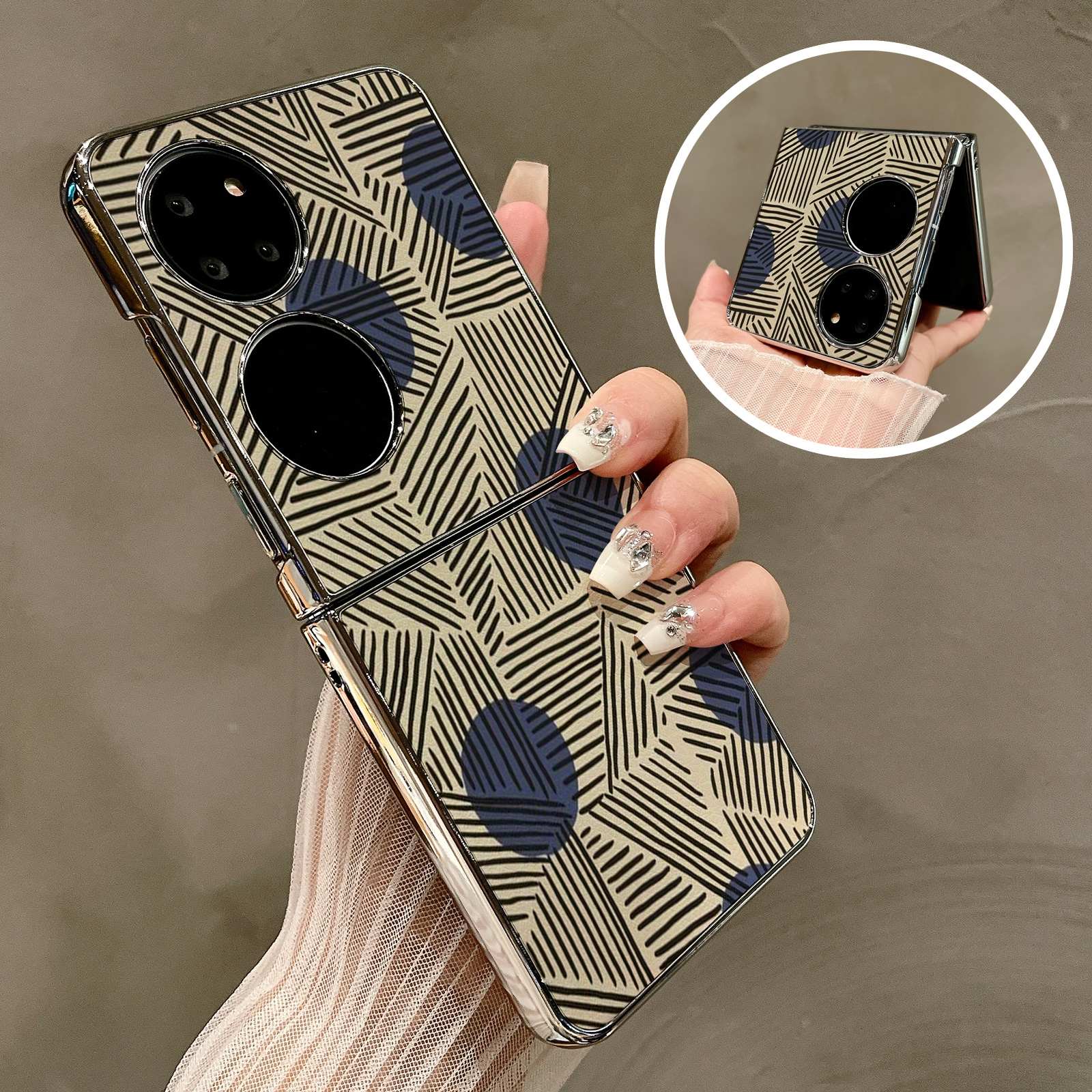 热瓜适用华为P50pocket手机壳Pocket2折叠屏保护套条纹线条蓝色圆球电镀银边新款pockets创意高档视窗全包套