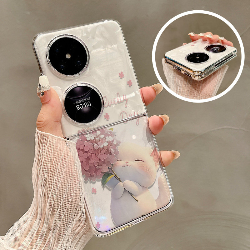 热瓜适用于华为P50pocket/Pocket2/pocketS手机壳折叠屏保护套新款高档UV透明壳全包防摔套可爱粉色花朵猫咪