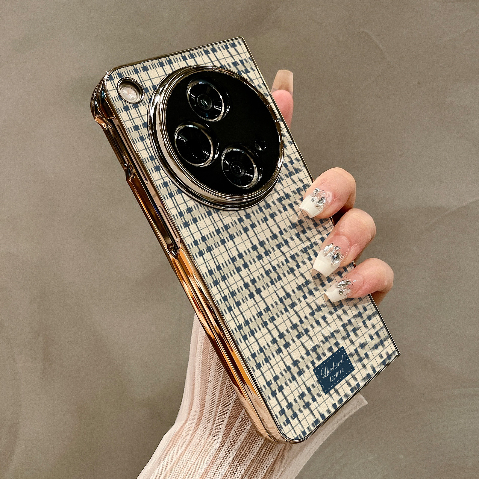 热瓜适用OPPOFindN5手机壳折叠屏保护套高档浅蓝撞色格子纹理电镀金边新款气质findn3/findn2奢华全包防摔套