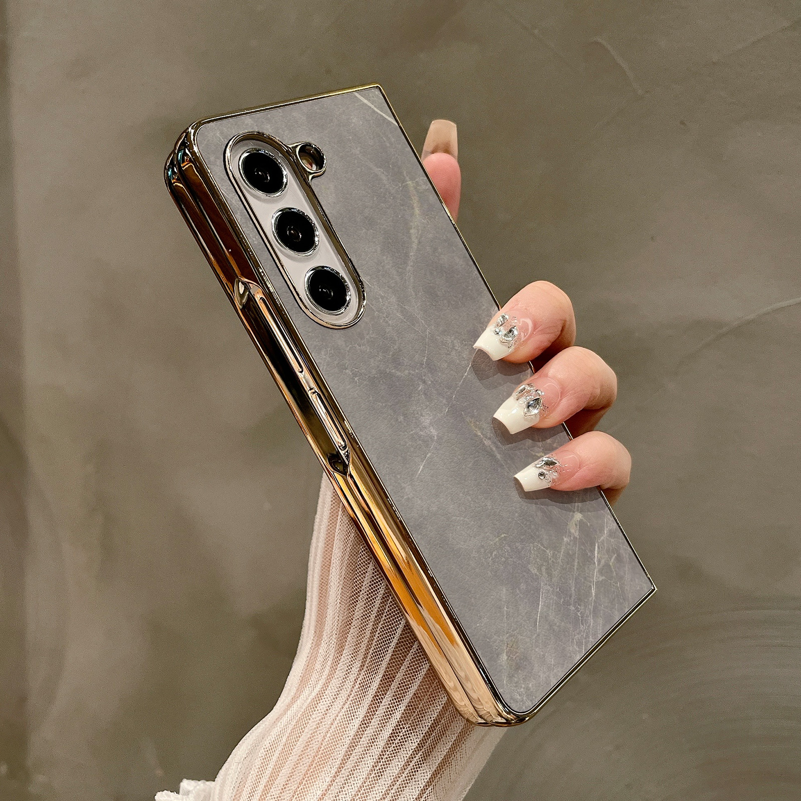 热瓜适用于三星GalaxyZFold7/6/5/4/3手机壳折叠屏保护套电镀金边灰色大理石纹皮质高档折叠壳奢华高级感潮套