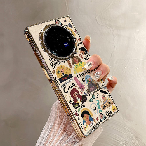 热瓜适用于VIVOXFold5/xfold3pro/xfold2手机壳折叠保护套新款高档气质电镀金边全包防摔套涂鸦手绘卡通女孩