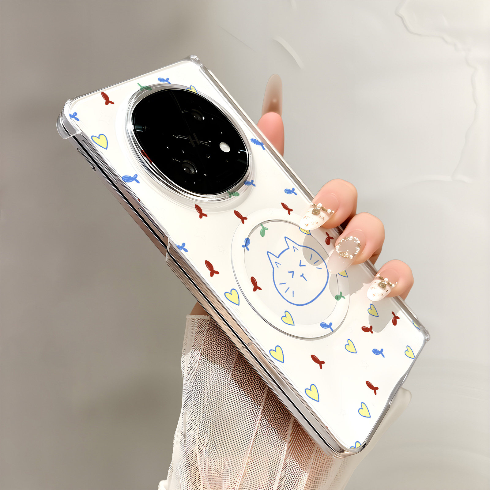热瓜适用于OPPOFindN6/N5/N3手机壳折叠屏保护套新款双中轴背面无线磁吸UV透明壳高档全包防摔套线条小鱼猫咪