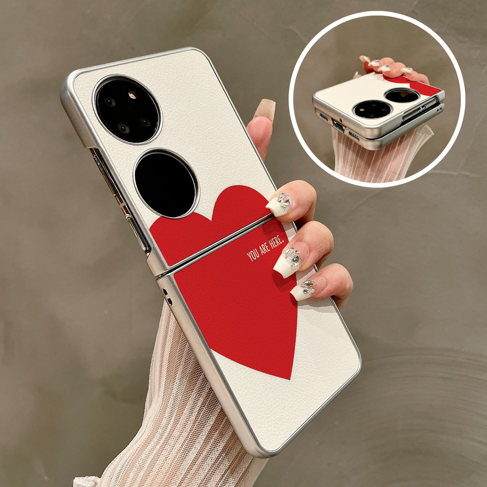 热瓜适用华为P50pocket手机壳Pocket2折叠屏保护套银色白色底红色爱心油边新款pockets创意高档视窗全包潮套