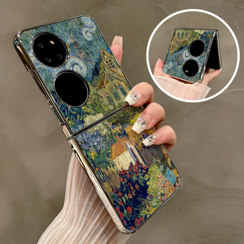 热瓜适用华为P50pocket手机壳Pocket2折叠屏保护套梵高油画小村落电镀银边新款pockets创意高档视窗全包潮套